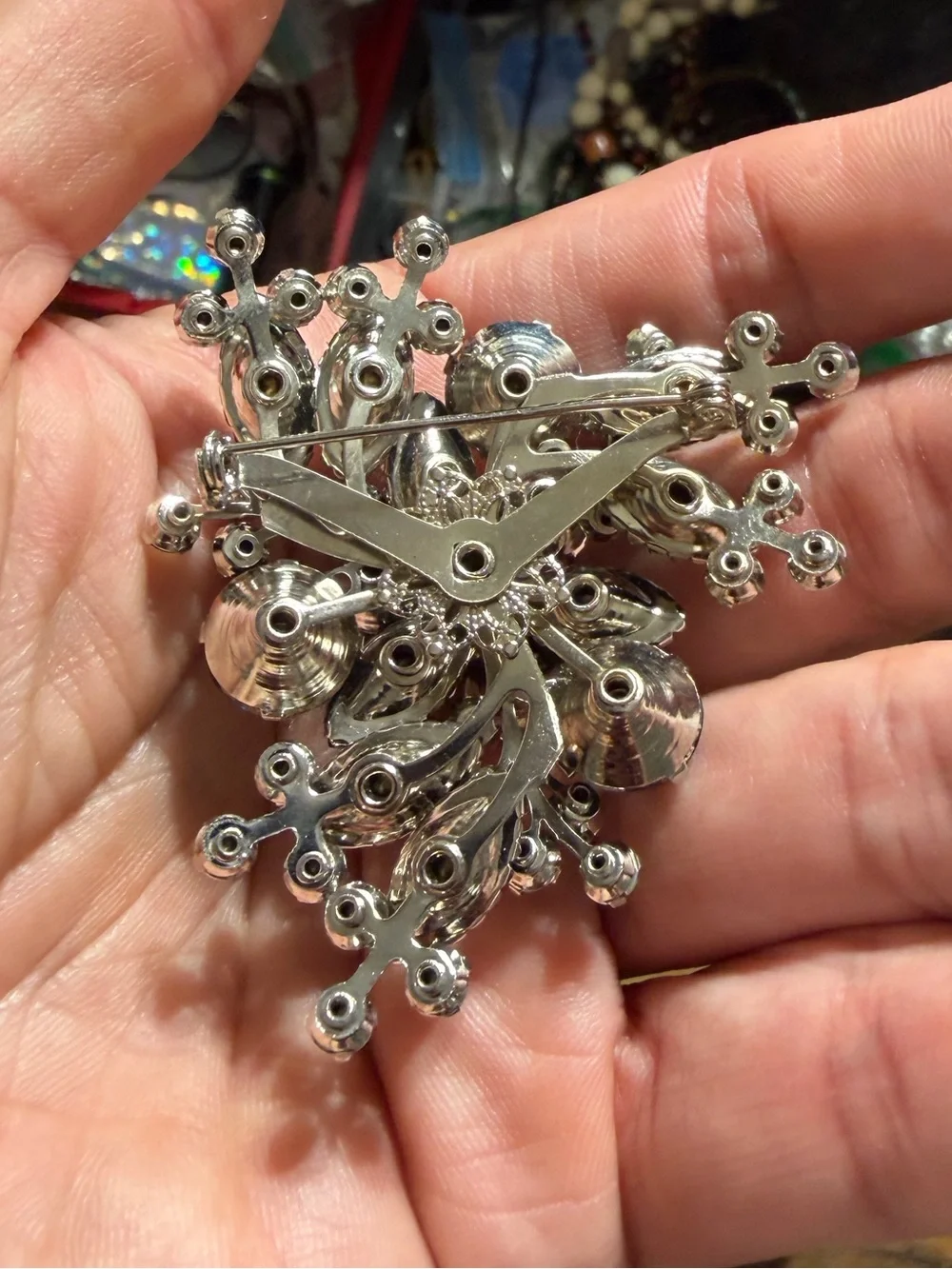 Vintage Silver Tone Flower Blue Navette Aurora Borealis Rhinestone 1930s Brooch
